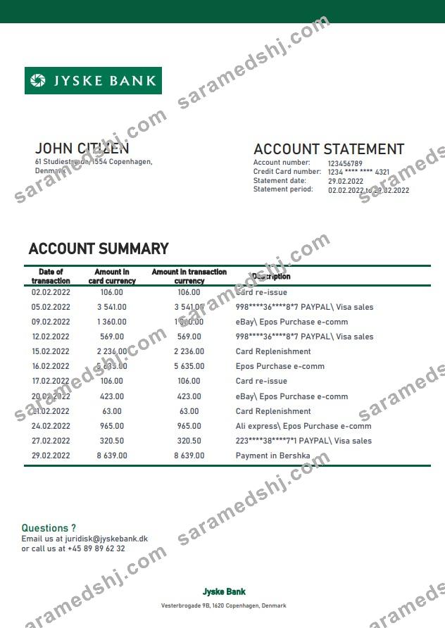 Denmark Jyske bank statement